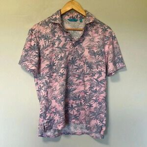 Tori Richard Honolulu palm tree tropical fish print pink  blue polo shirt